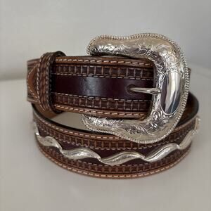 Mens Tony Lama Brighton Silver Buckle Brown Leather Belt 36” Western NWT